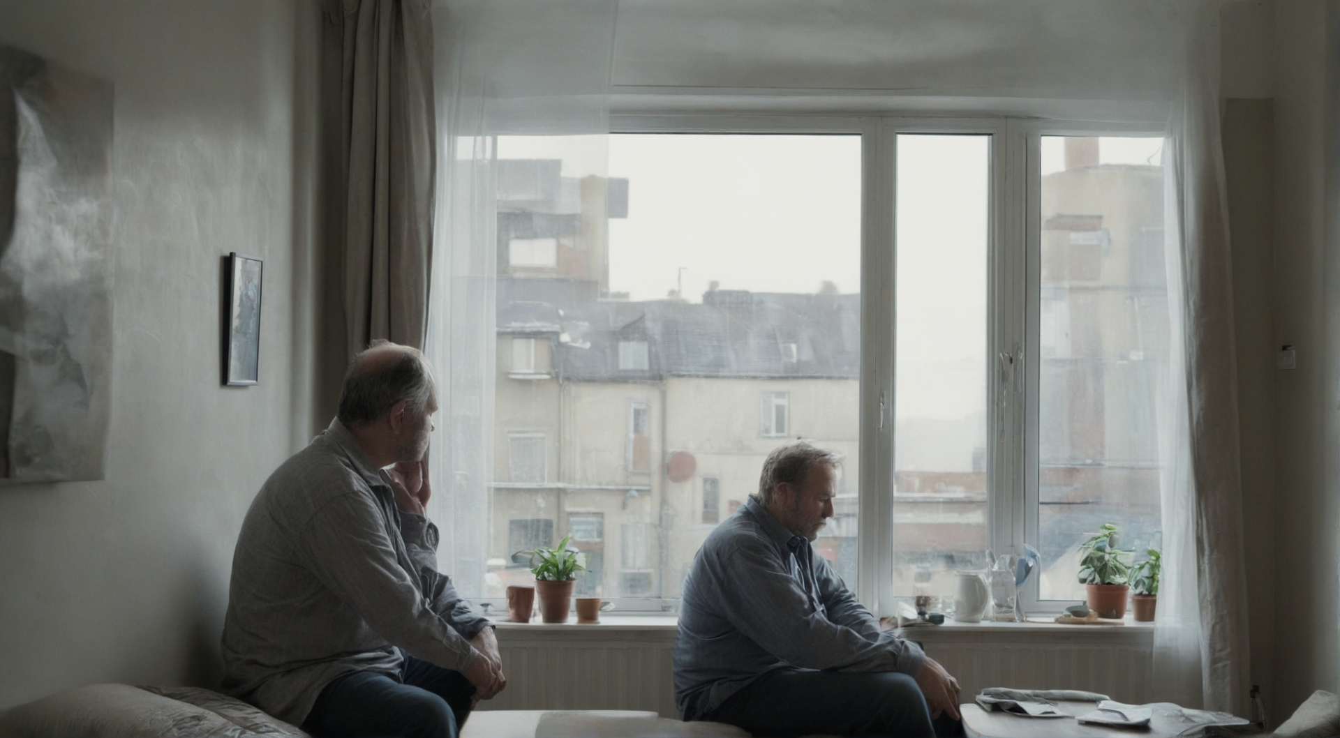 A middle-aged man sitting alone in his apartment, staring out the window