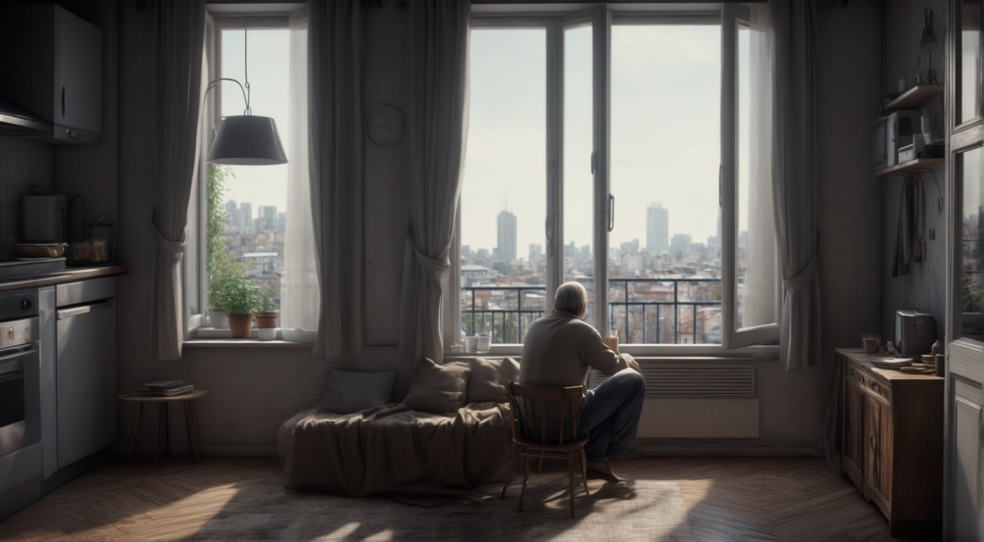 A middle-aged man sitting alone in his apartment, staring out the window)
